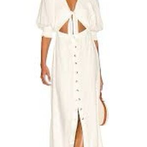 Free People String of Hearts White Dress Puff Sleeves Button Up Tie Front Medium